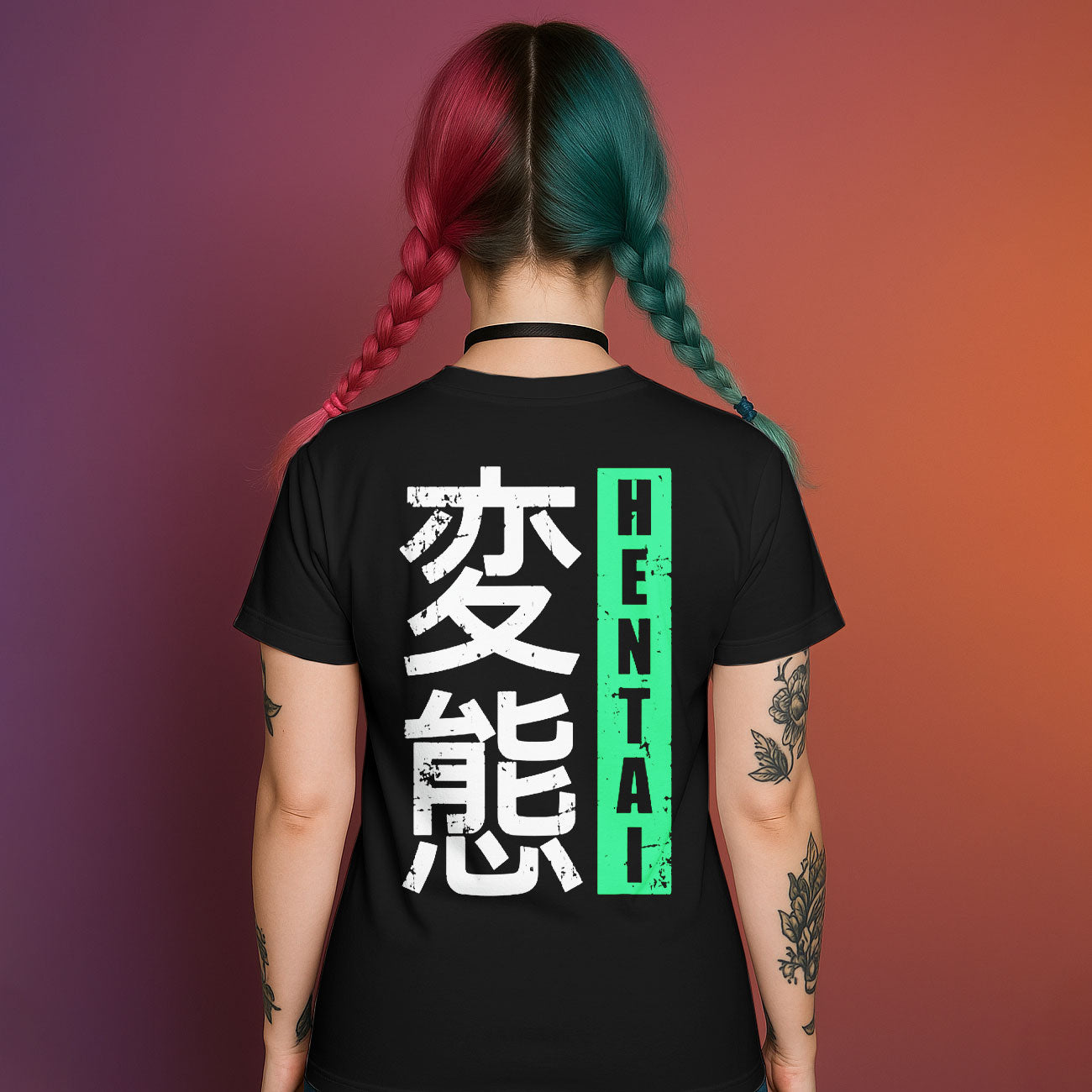 Back of black graphic t-shirt with large white Japanese characters and vertical neon green distressed bar