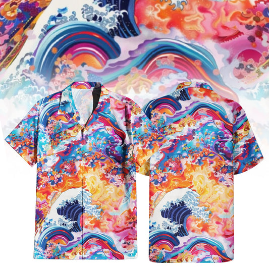 "Wave Rider Psychedelic Ocean Hawaiian Shirt For Men Women - front and back view, showing a vibrant abstract print of ocean waves and a colorful reef in blue, orange, pink, and yellow tones."