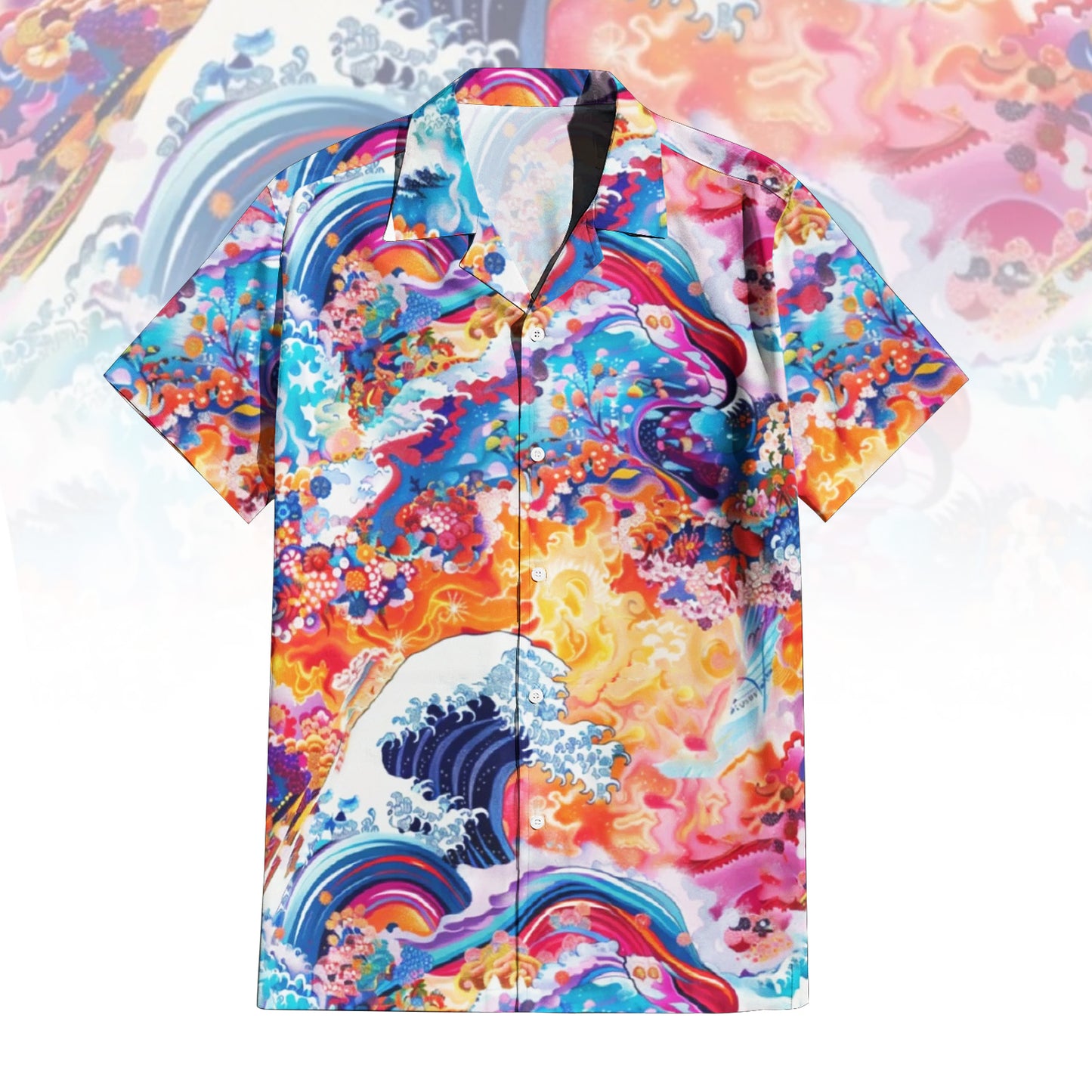 "Wave Rider Psychedelic Ocean Hawaiian Shirt For Men Women - front and back view, showing a vibrant abstract print of ocean waves and a colorful reef in blue, orange, pink, and yellow tones."