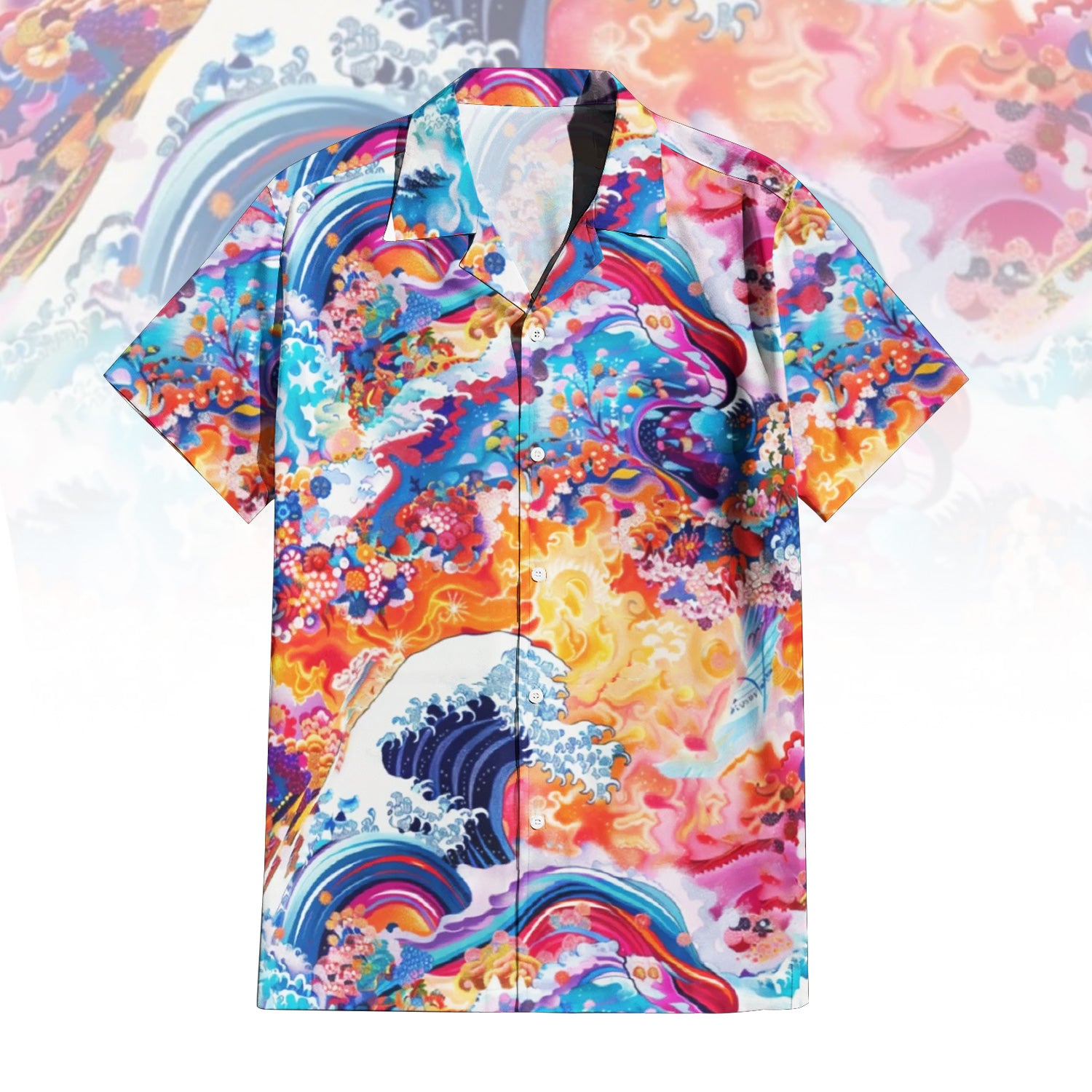 "Wave Rider Psychedelic Ocean Hawaiian Shirt For Men Women - front and back view, showing a vibrant abstract print of ocean waves and a colorful reef in blue, orange, pink, and yellow tones."