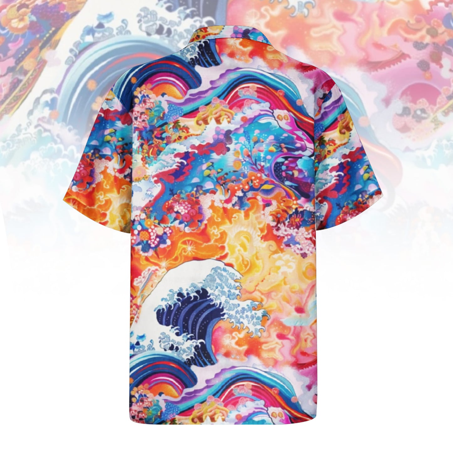 "Wave Rider Psychedelic Ocean Hawaiian Shirt For Men Women - front and back view, showing a vibrant abstract print of ocean waves and a colorful reef in blue, orange, pink, and yellow tones."