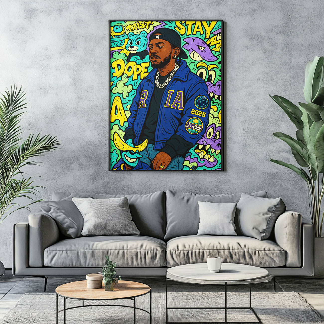 A vibrant urban art print titled "West Coast Vibes" featuring a person in a blue varsity jacket and baseball cap, surrounded by colorful graffiti-style elements.