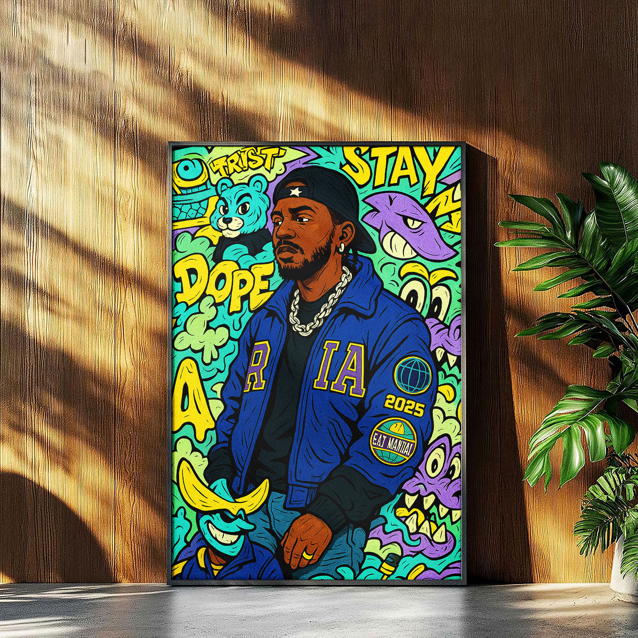 A vibrant urban art print titled "West Coast Vibes" featuring a person in a blue varsity jacket and baseball cap, surrounded by colorful graffiti-style elements.