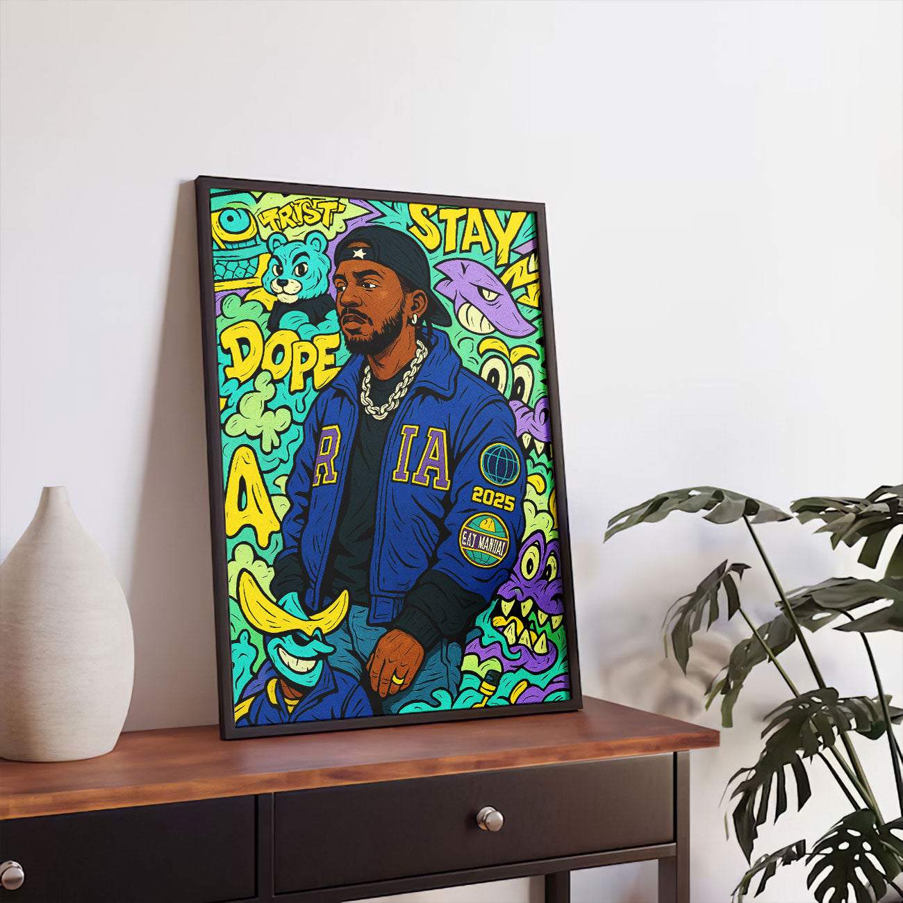 A vibrant urban art print titled "West Coast Vibes" featuring a person in a blue varsity jacket and baseball cap, surrounded by colorful graffiti-style elements.