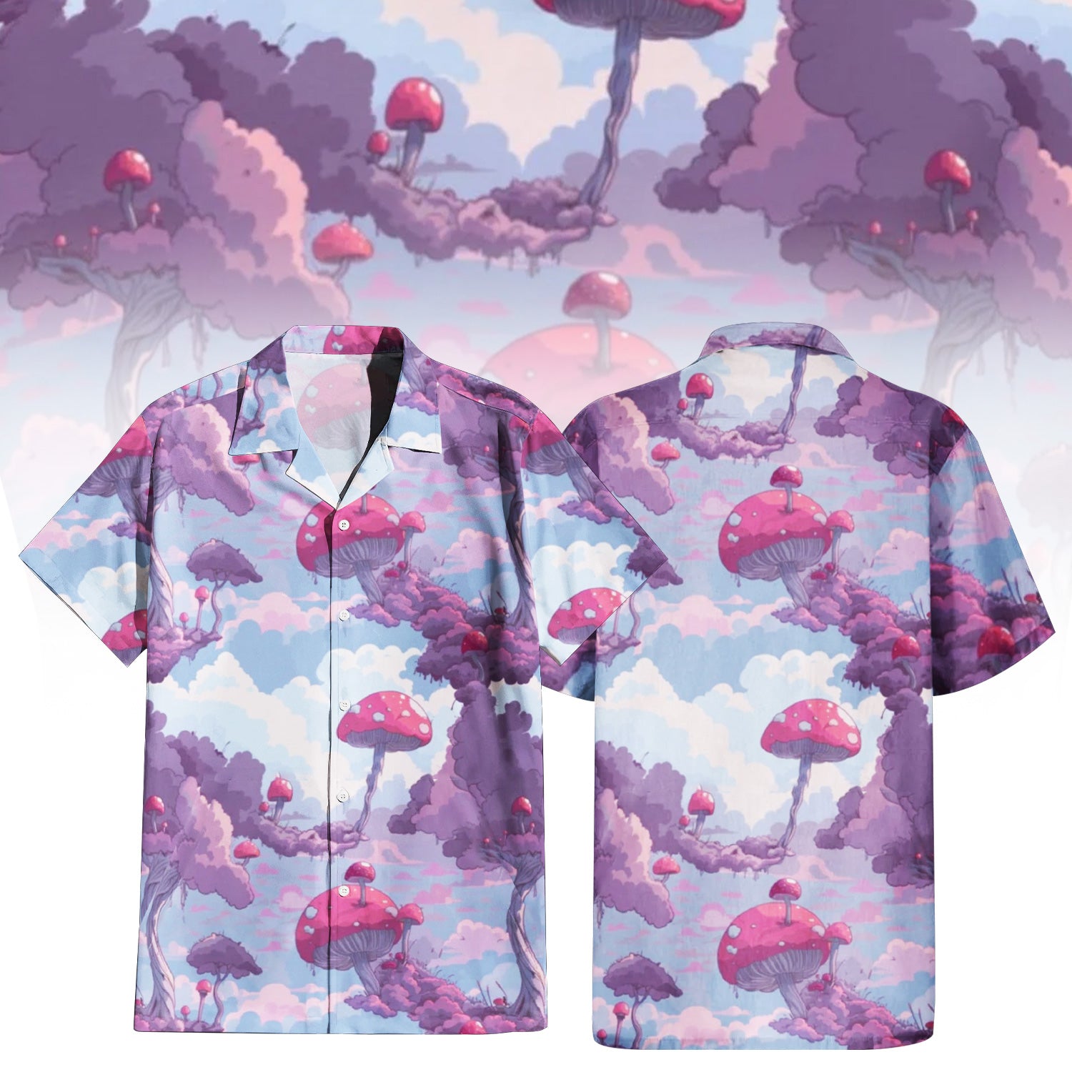 Whimsical Mushroom Forest Hawaiian Shirt for Men & Women with fantasy cloudscape print.