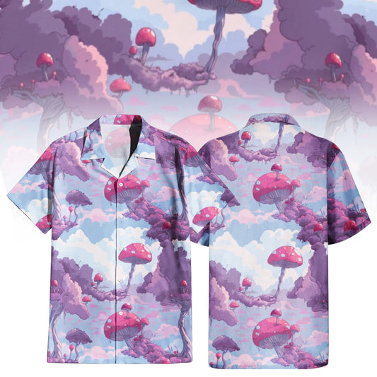 Whimsical Mushroom Forest Hawaiian Shirt for Men & Women with fantasy cloudscape print.