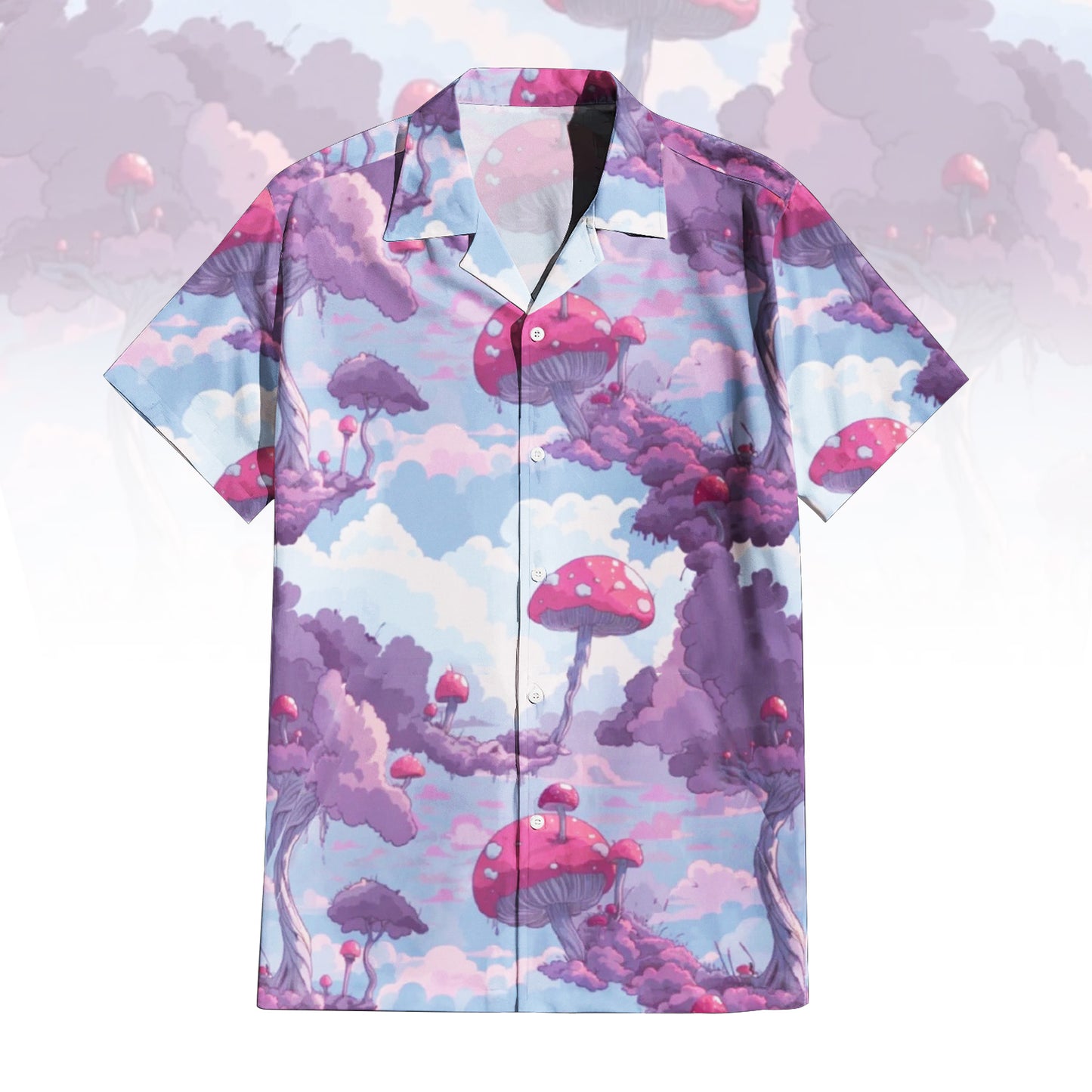 Whimsical Mushroom Forest Hawaiian Shirt for Men & Women with fantasy cloudscape print.