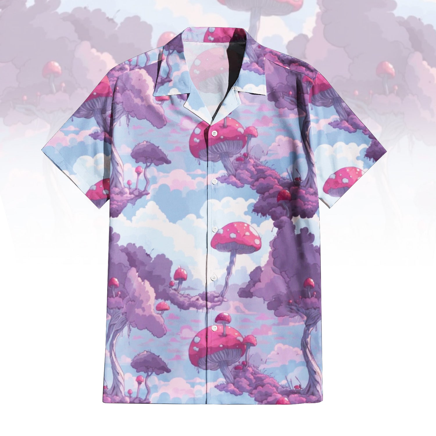 Whimsical Mushroom Forest Hawaiian Shirt for Men & Women with fantasy cloudscape print.