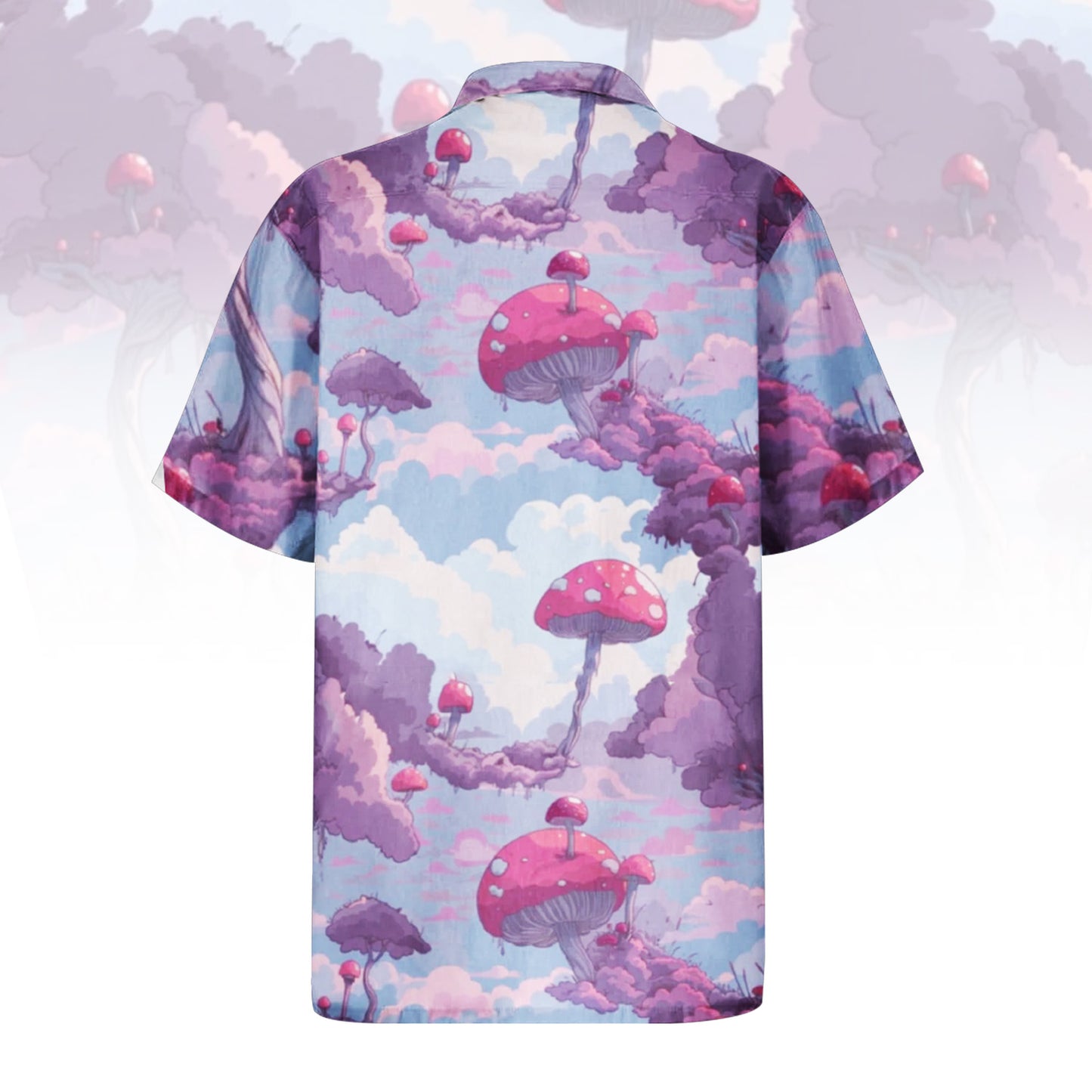 Whimsical Mushroom Forest Hawaiian Shirt for Men & Women with fantasy cloudscape print.