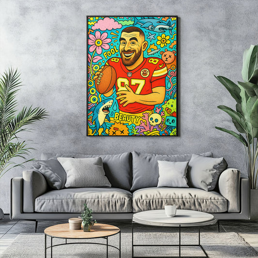 Abstract pop art canvas depicting a smiling male athlete in a red football jersey with number 87, holding a football, surrounded by colorful flowers, clouds, a shark, and whimsical cartoon elements in the style of Dxtr Art