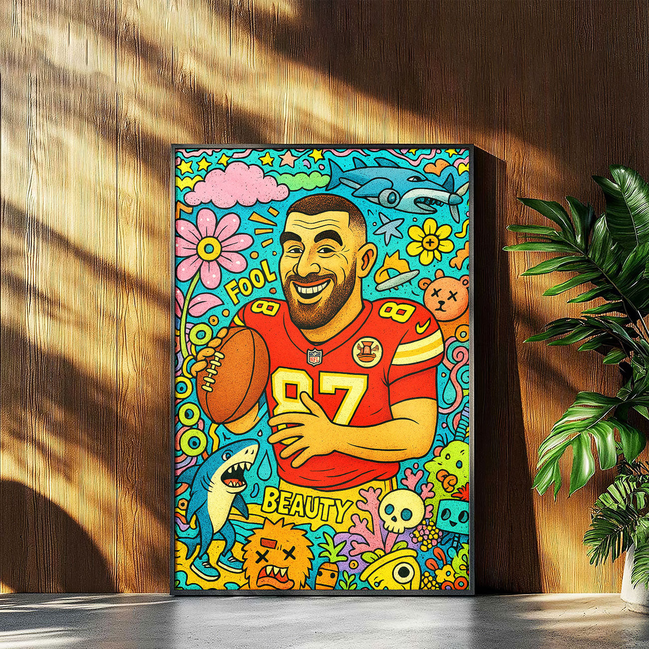 Abstract pop art canvas depicting a smiling male athlete in a red football jersey with number 87, holding a football, surrounded by colorful flowers, clouds, a shark, and whimsical cartoon elements in the style of Dxtr Art