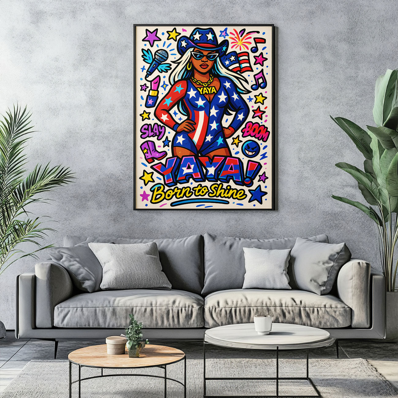 Patriotic pop diva art print with star-spangled outfit and cowboy hat, featuring "YAYA Born to Shine" text, surrounded by musical notes and fireworks. 🇺🇸🎤✨
