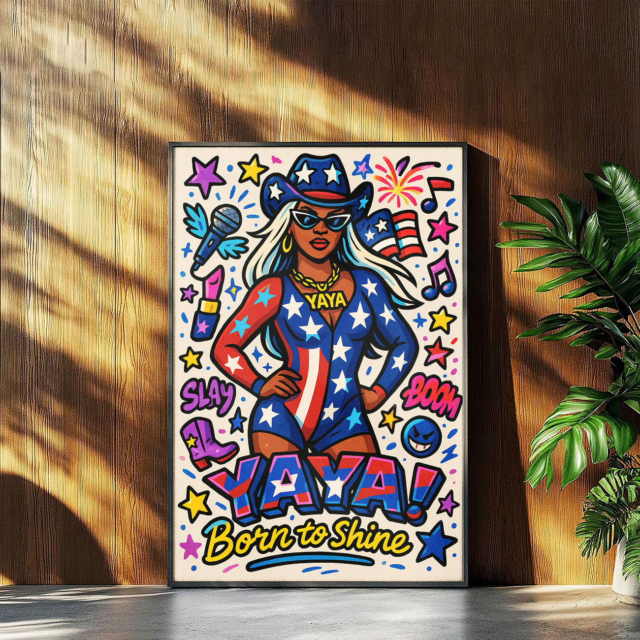 Patriotic pop diva art print with star-spangled outfit and cowboy hat, featuring "YAYA Born to Shine" text, surrounded by musical notes and fireworks. 🇺🇸🎤✨