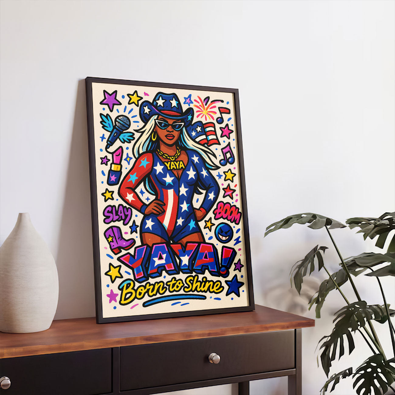 Patriotic pop diva art print with star-spangled outfit and cowboy hat, featuring "YAYA Born to Shine" text, surrounded by musical notes and fireworks. 🇺🇸🎤✨