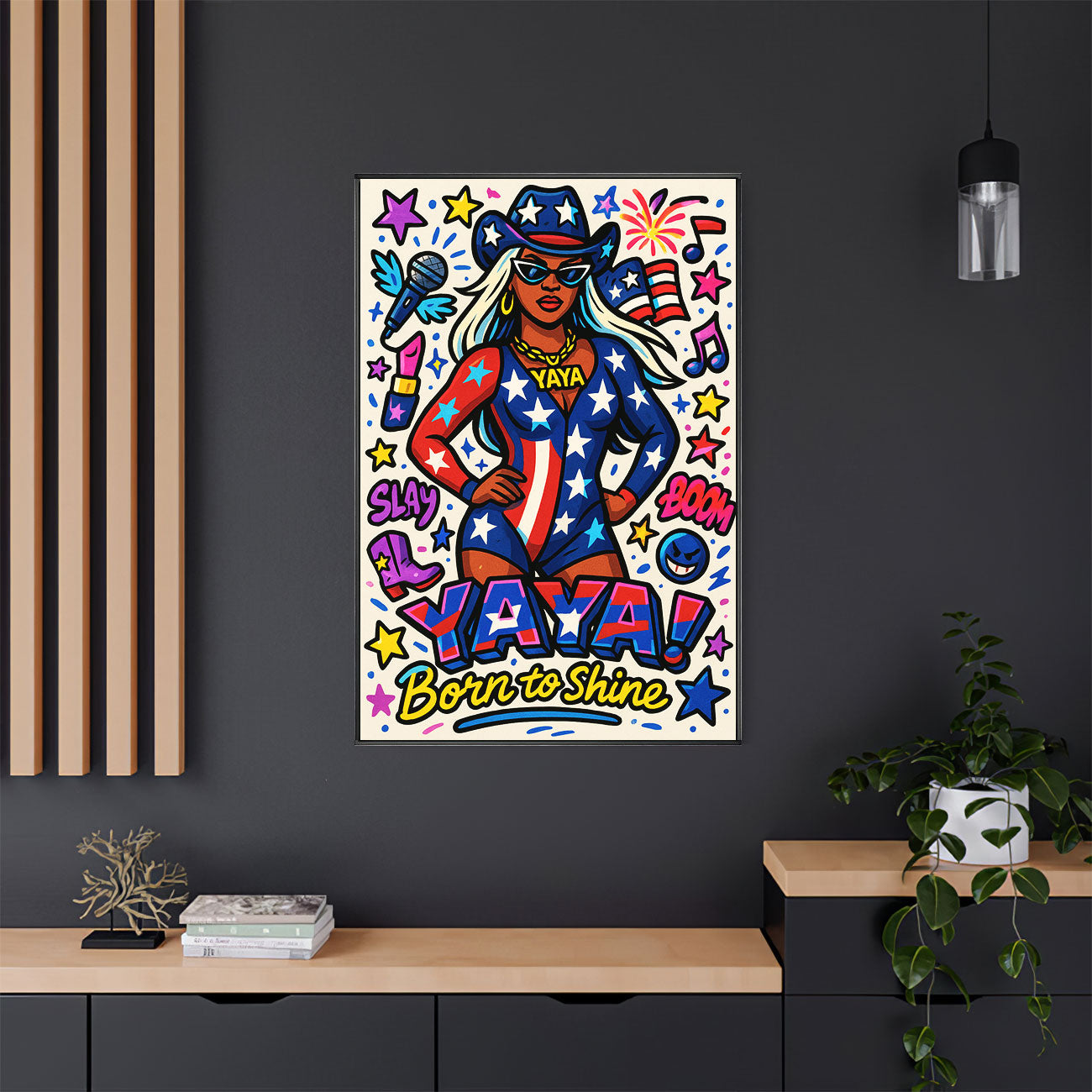 Patriotic pop diva art print with star-spangled outfit and cowboy hat, featuring "YAYA Born to Shine" text, surrounded by musical notes and fireworks. 🇺🇸🎤✨