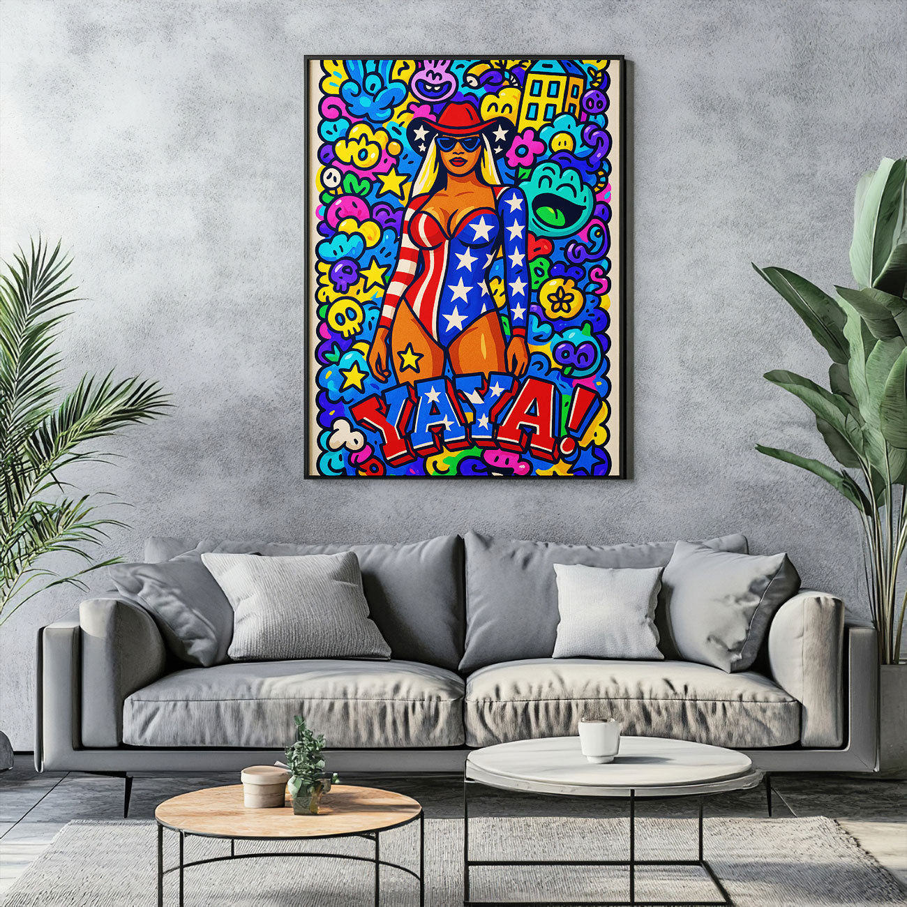 "YAYA" USA pop art canvas featuring a female figure in a star-spangled outfit and cowboy hat, with a vibrant, doodle-filled background.