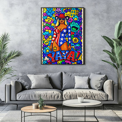 "YAYA" USA pop art canvas featuring a female figure in a star-spangled outfit and cowboy hat, with a vibrant, doodle-filled background.