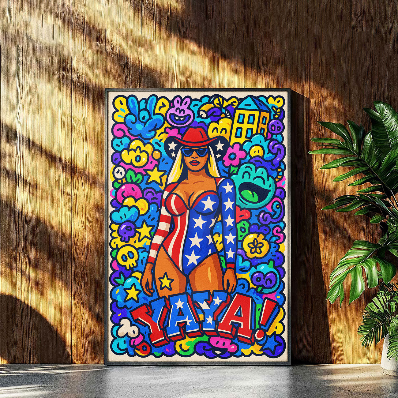 "YAYA" USA pop art canvas featuring a female figure in a star-spangled outfit and cowboy hat, with a vibrant, doodle-filled background.