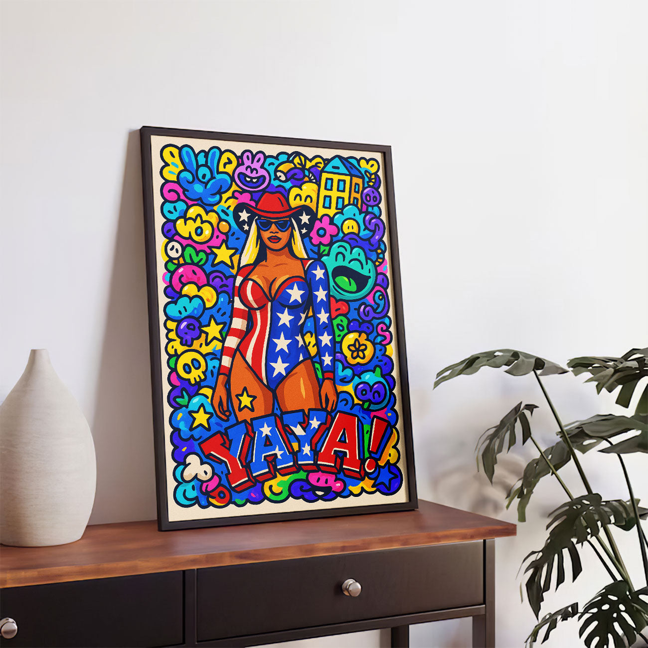 "YAYA" USA pop art canvas featuring a female figure in a star-spangled outfit and cowboy hat, with a vibrant, doodle-filled background.