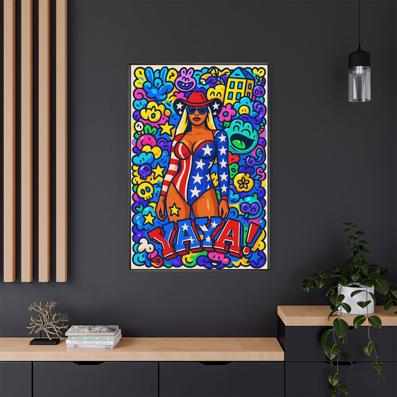 "YAYA" USA pop art canvas featuring a female figure in a star-spangled outfit and cowboy hat, with a vibrant, doodle-filled background.