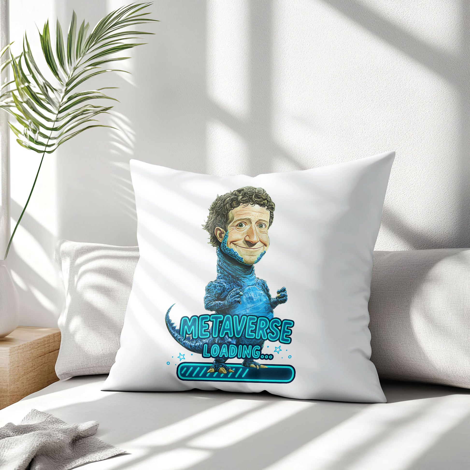 White square meme pillow featuring a blue reptilian character with curly hair, and "METAVERSE LOADING..."