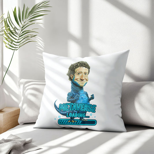 White square meme pillow featuring a blue reptilian character with curly hair, and "METAVERSE LOADING..."
