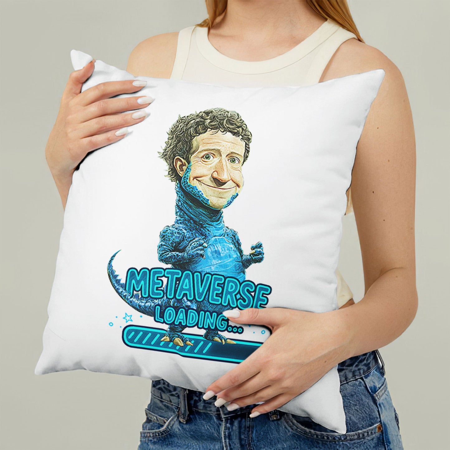 White square meme pillow featuring a blue reptilian character with curly hair, and "METAVERSE LOADING..." 