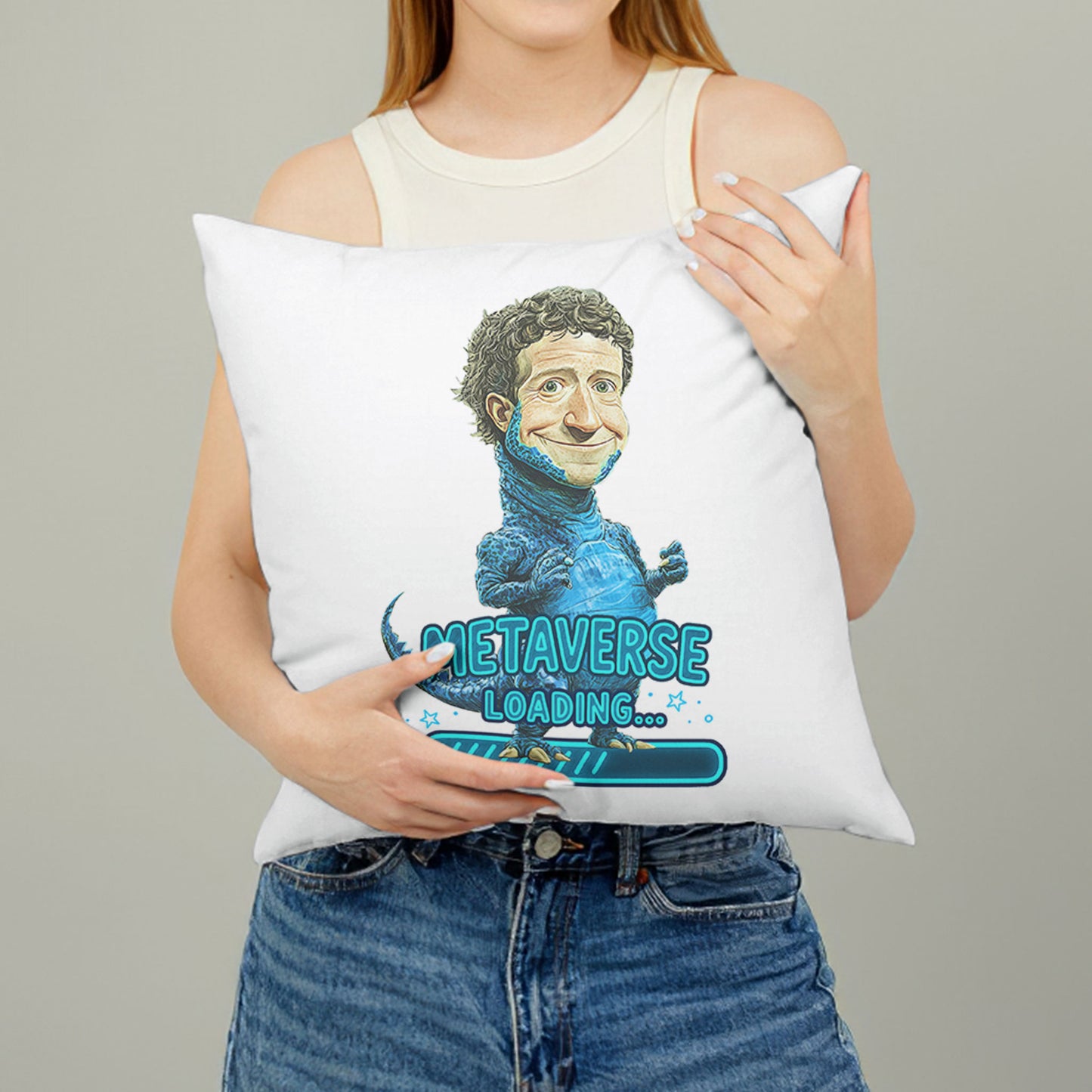 White square meme pillow featuring a blue reptilian character with curly hair, and "METAVERSE LOADING..." 