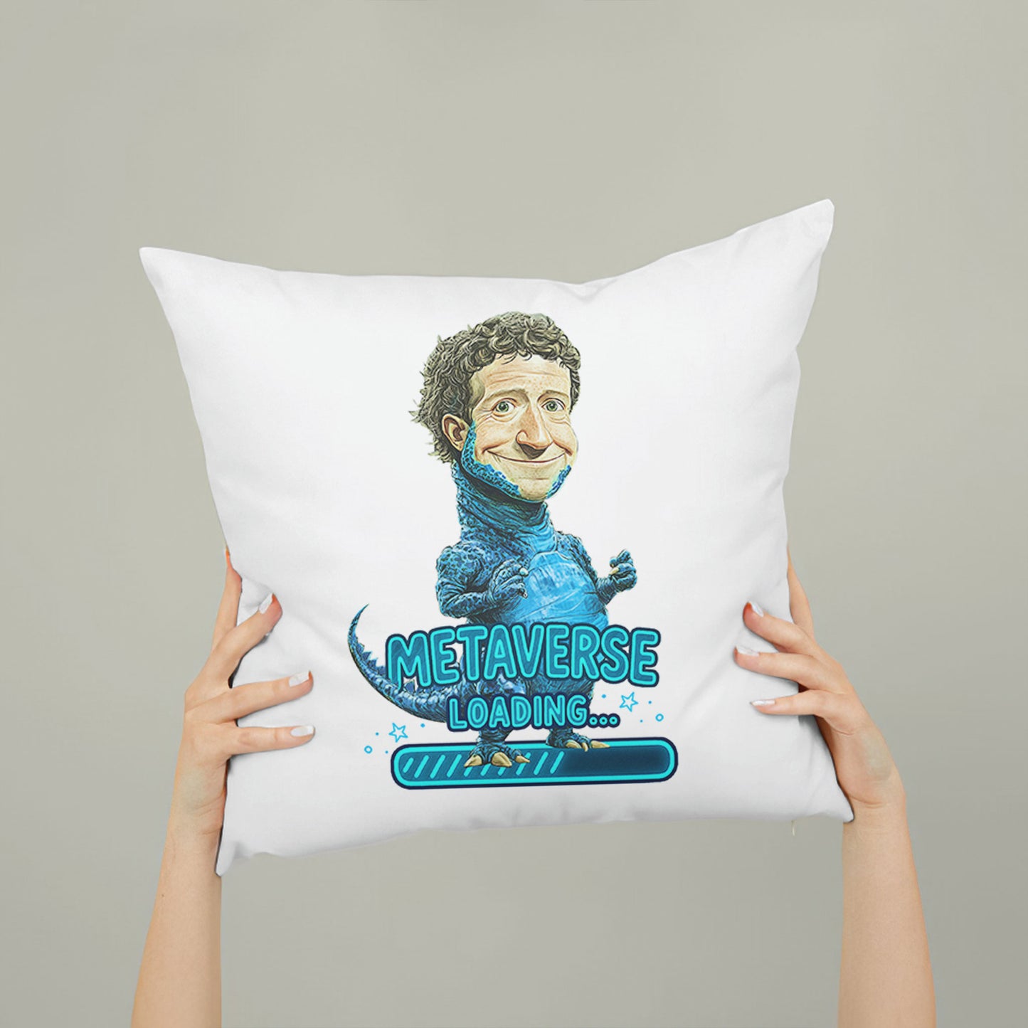 White square meme pillow featuring a blue reptilian character with curly hair, and "METAVERSE LOADING..." 