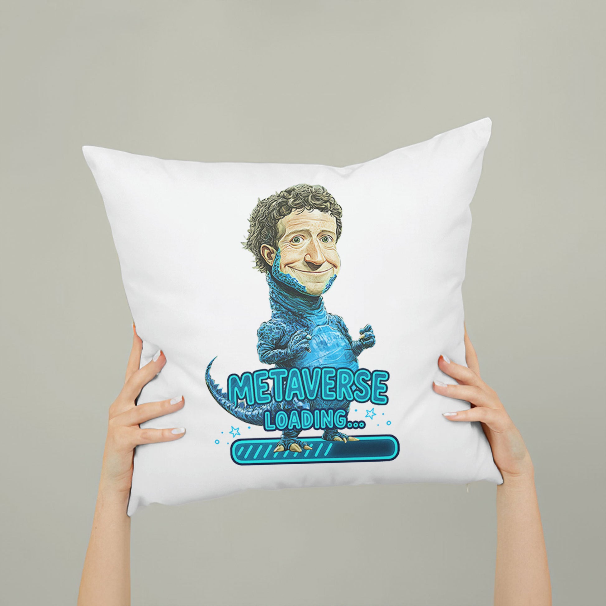 White square meme pillow featuring a blue reptilian character with curly hair, and "METAVERSE LOADING..." 