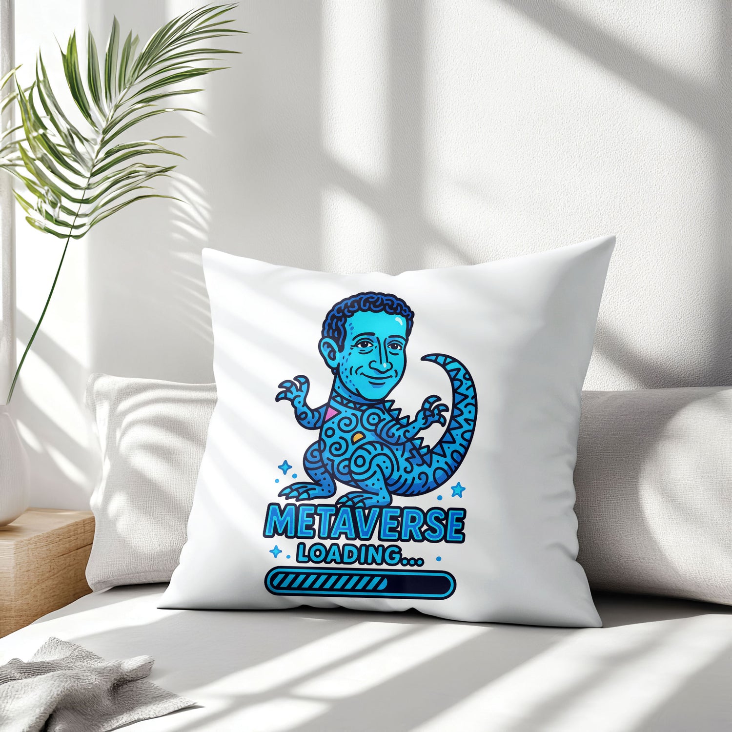 White square meme pillow featuring a blue reptilian character with curly hair and large eyes, above "METAVERSE LOADING..." text.