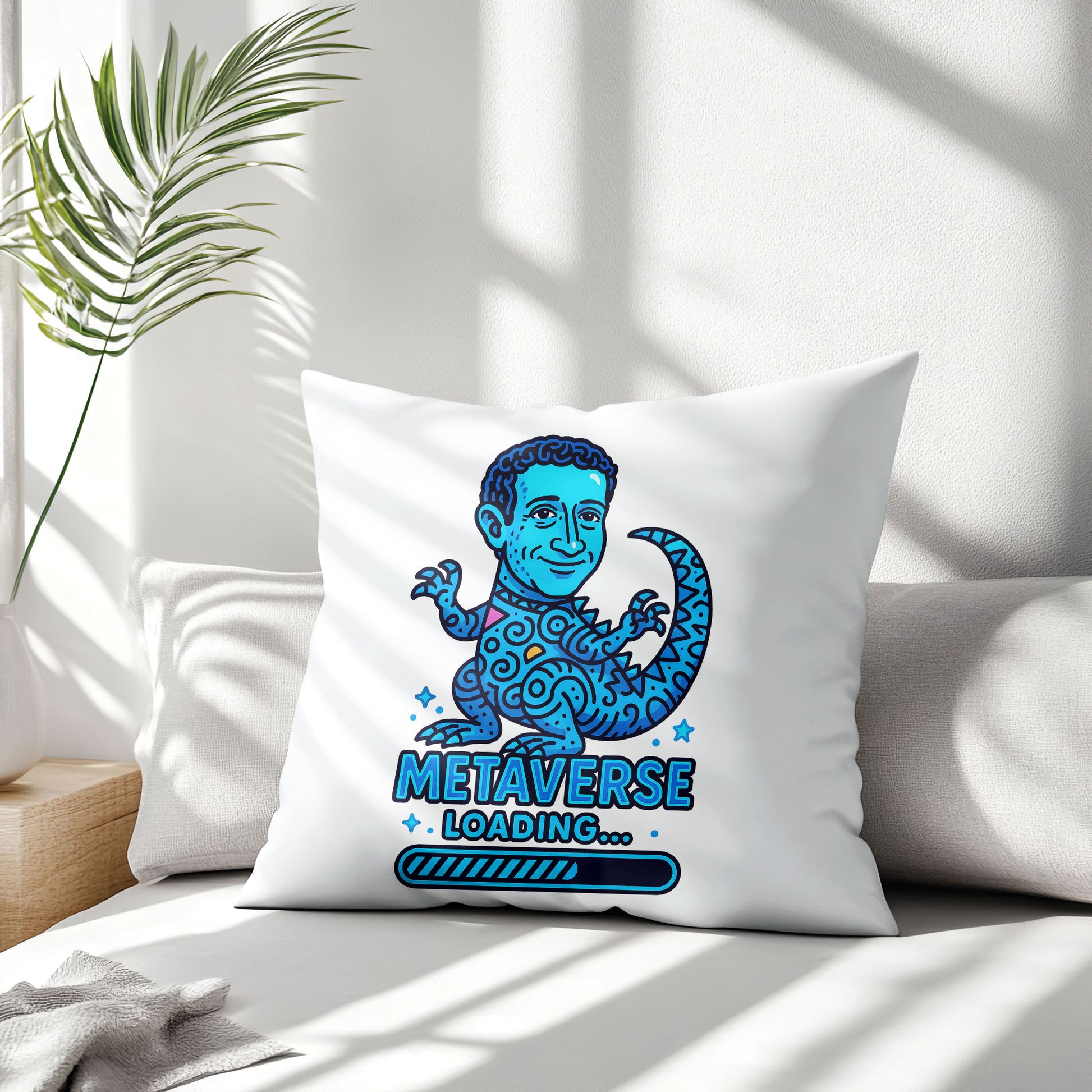 White square meme pillow featuring a blue reptilian character with curly hair and large eyes, above "METAVERSE LOADING..." text.