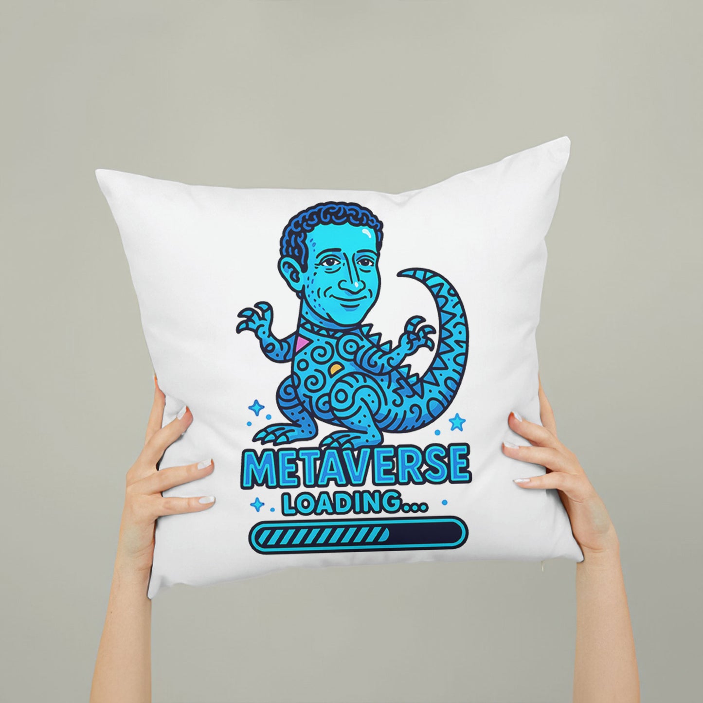 White square meme pillow featuring a blue reptilian character with curly hair and large eyes, above "METAVERSE LOADING..." text.