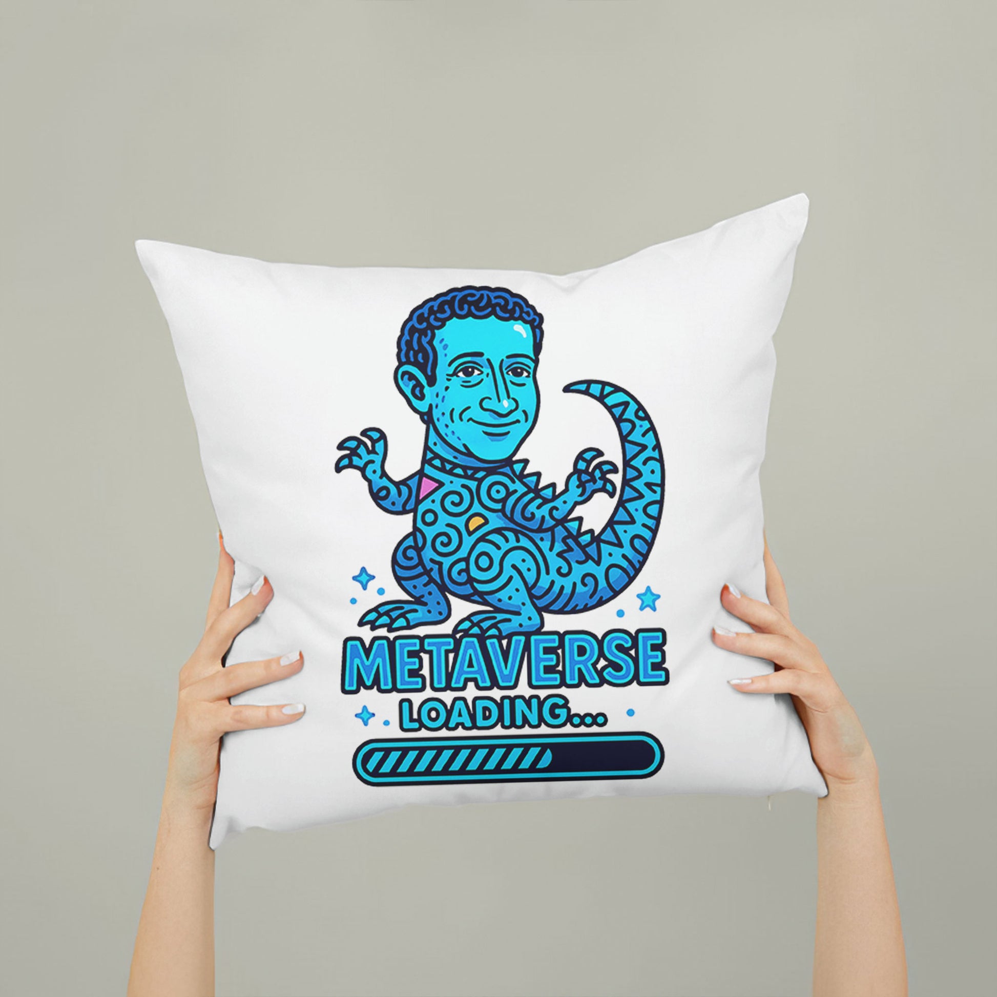 White square meme pillow featuring a blue reptilian character with curly hair and large eyes, above "METAVERSE LOADING..." text.